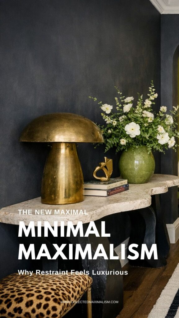 Minimal maximal console styling with dark charcoal walls, sculptural marble table, oversized brass mushroom lamp, green ceramic vase with white florals, stacked books, and restrained layering that balances bold materials with clean negative space.