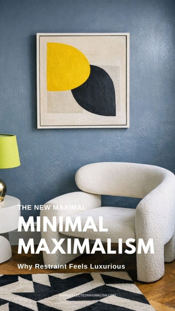 Minimal maximal bedroom corner with powder blue textured walls, sculptural cream boucle chair, abstract geometric art in yellow and black, green lamp, graphic rug, and intentional negative space creating a refined yet expressive interior.