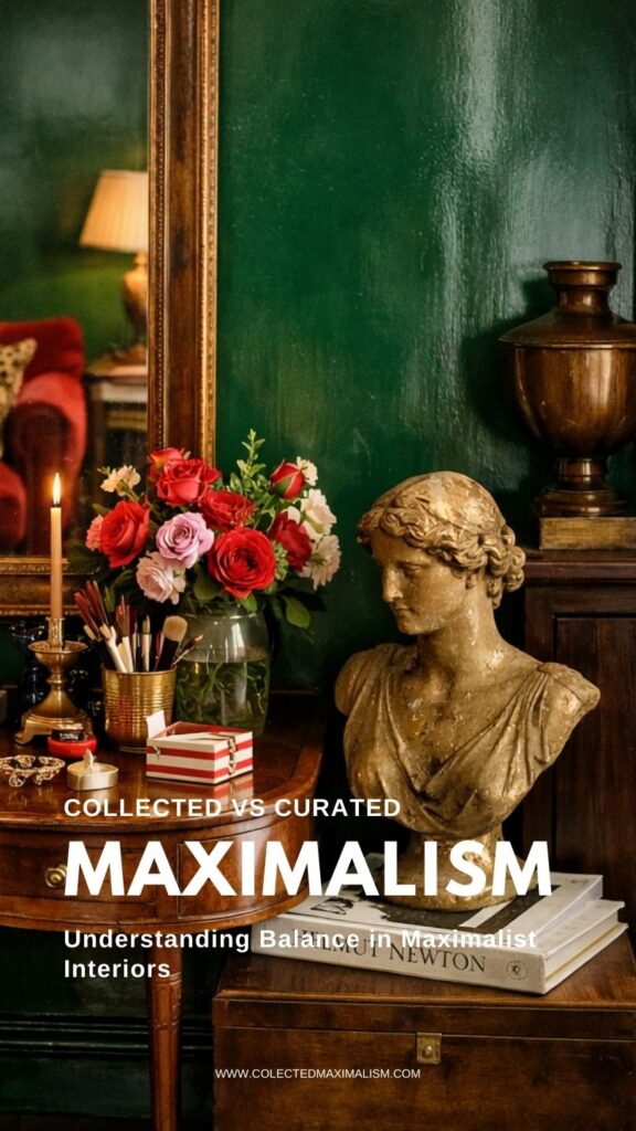 Maximalist vignette with deep green walls, antique wooden table, classical bust sculpture, red and pink roses in glass vase, brass candleholder, and ornate mirror creating a rich layered interior.