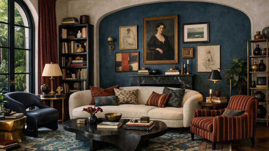 Maximalist interior featuring a teal alcove gallery wall, marble fireplace, layered artwork, mixed seating, and curated shelving in a richly composed living space.