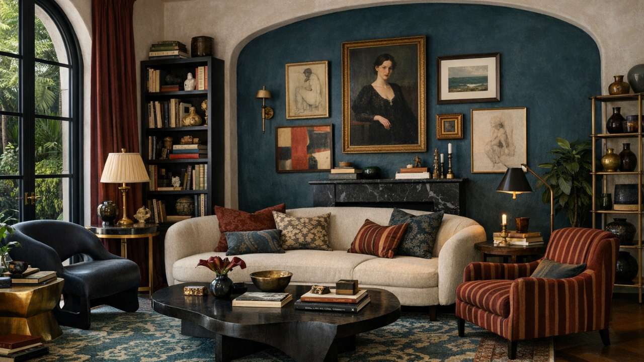Maximalist interior featuring a teal alcove gallery wall, marble fireplace, layered artwork, mixed seating, and curated shelving in a richly composed living space.
