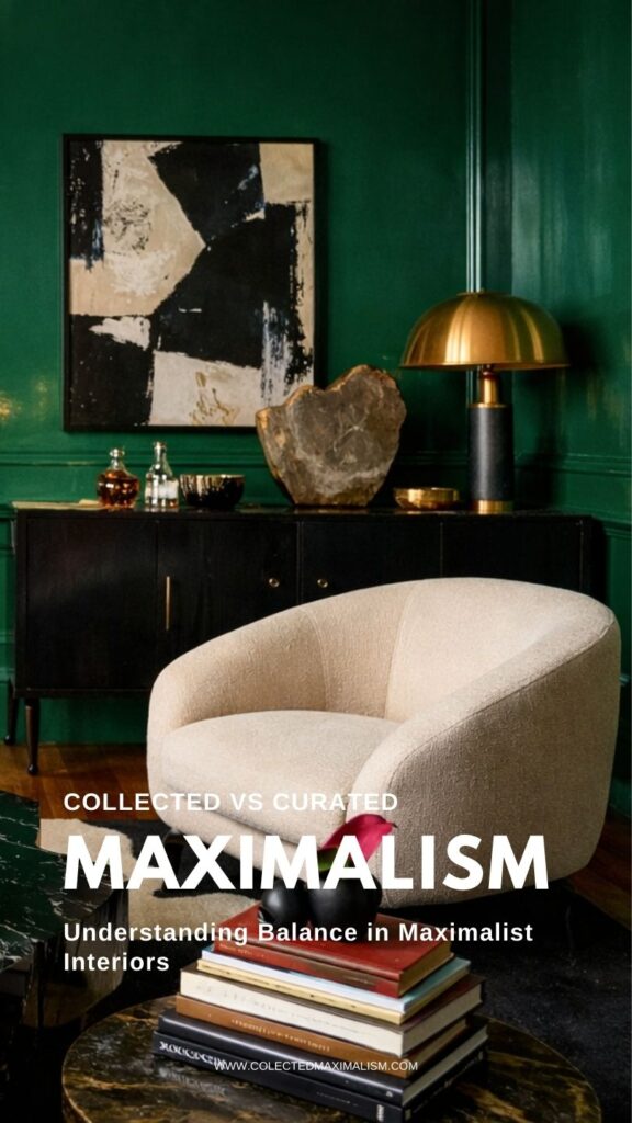 Maximalist living room with emerald paneled walls, cream boucle lounge chair, black lacquer cabinet, abstract black-and-beige artwork, brass dome lamp, decorative stone object, and stacked books styled with balanced contrast.