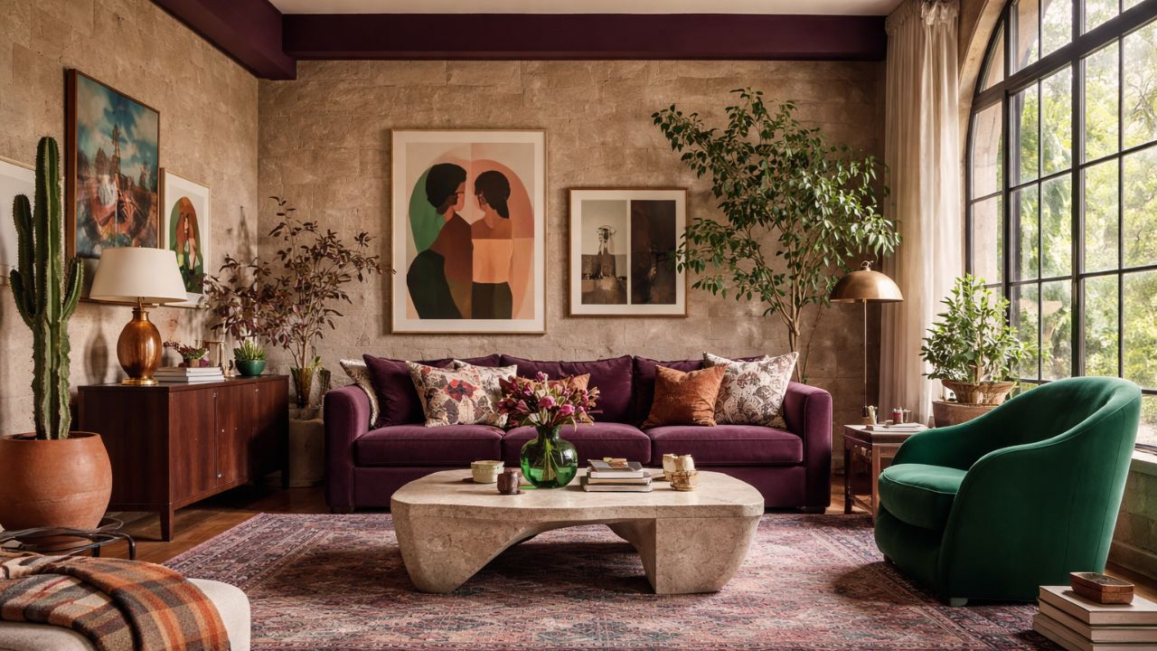 Refined maximalist living room with plum velvet sofa, layered abstract art, marble coffee table, sculptural decor, green accent chair, and textured stone walls.