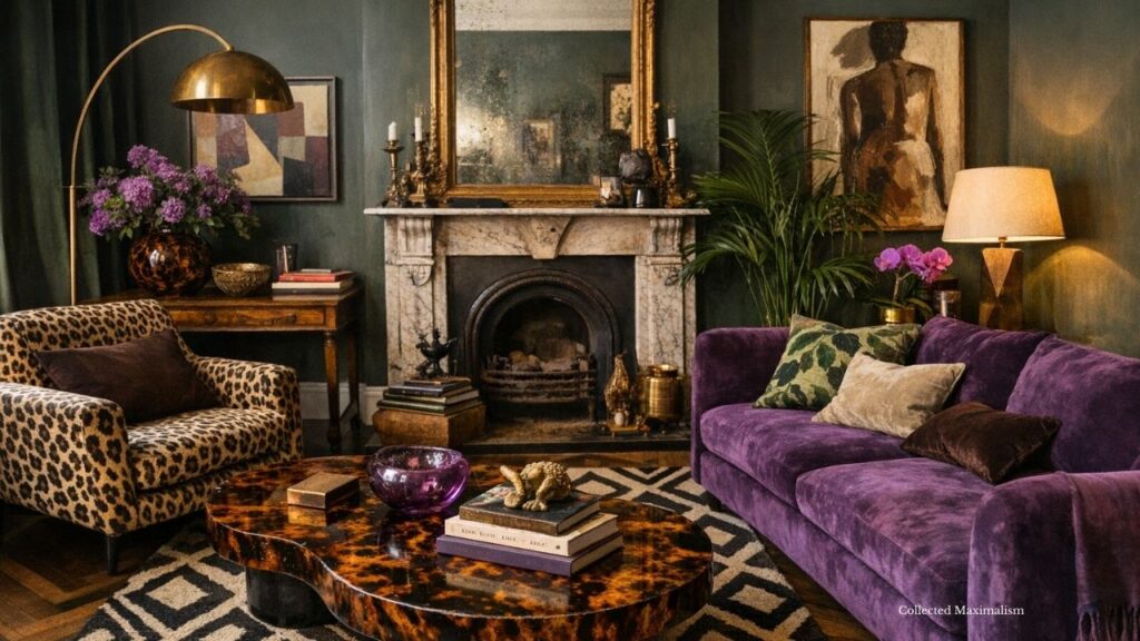 Maximalist living room layered with collected and curated elements, featuring deep green walls, a marble fireplace, gilded mirror, leopard chair, plum velvet sofa, tortoiseshell coffee table, brass lighting, floral arrangements, patterned rug, and styled books and objects creating a rich yet intentional interior.