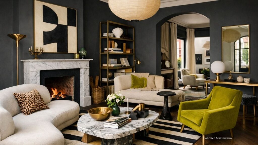 Minimal maximal living room with deep charcoal walls, marble fireplace, oversized abstract art, sculptural cream sofas, chartreuse accent chair, brass lighting, striped rug, and curated styling that balances bold contrast with intentional negative space.
