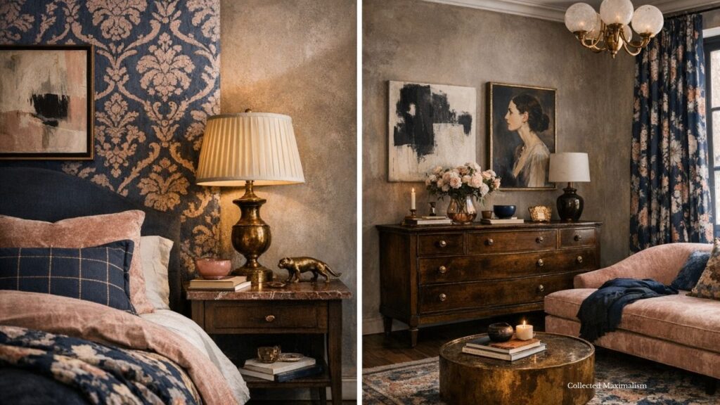 Layered maximalist bedroom showcasing patterned wallpaper, vintage furnishings, curated artwork, mixed metals, and intentional decorative styling.