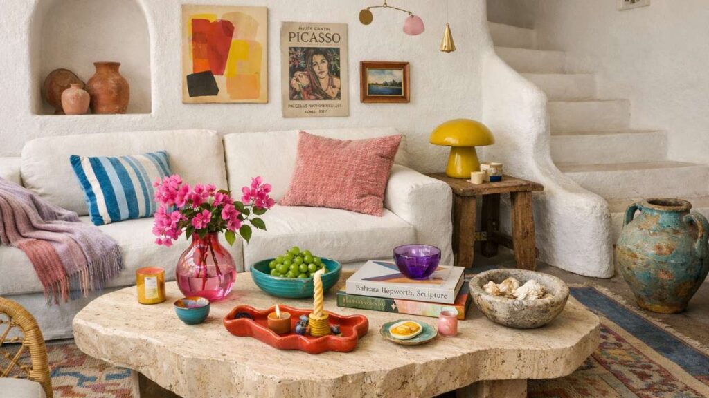 Collected maximalist living room with white plaster walls, layered art above a sofa, stone coffee table styled with books and ceramics, and colorful travel-inspired decorative objects.