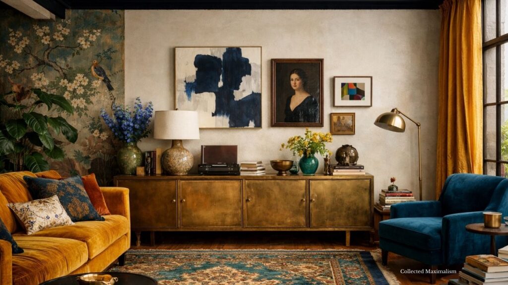 Maximalist living room with brass sideboard, colorful velvet chairs, gallery wall artwork, decorative vases, table lamp, and patterned rug.