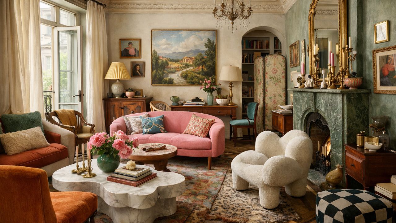 Elegant European heritage maximalist living room with layered decor, featuring a pink sofa, vintage artwork, marble coffee table, floral rug, ornate fireplace, and warm natural light.