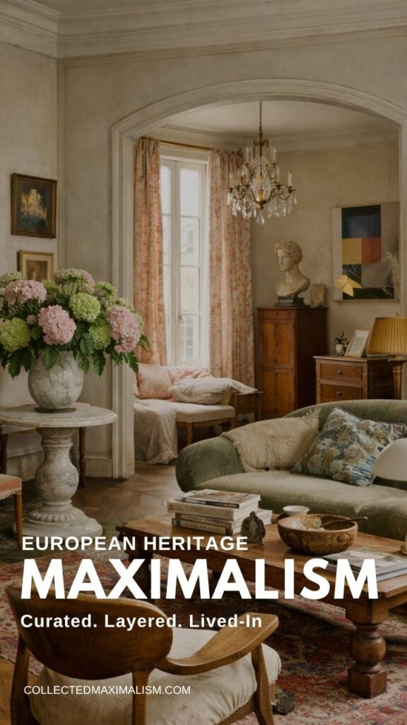European heritage maximalist living room with green sofa, marble table, floral arrangement, antique furniture, chandelier, and layered decor in soft, warm natural light.