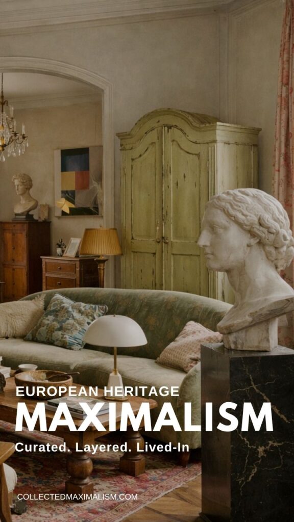 European heritage maximalist living room with green sofa, antique wardrobe, marble bust sculpture, layered rug, vintage furniture, and soft natural light.
