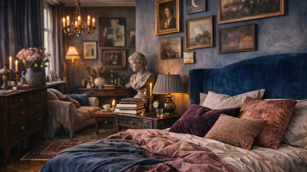 dark academia aesthetic bedroom decor with layered bedding, velvet headboard, gallery wall, vintage furniture and warm ambient lighting