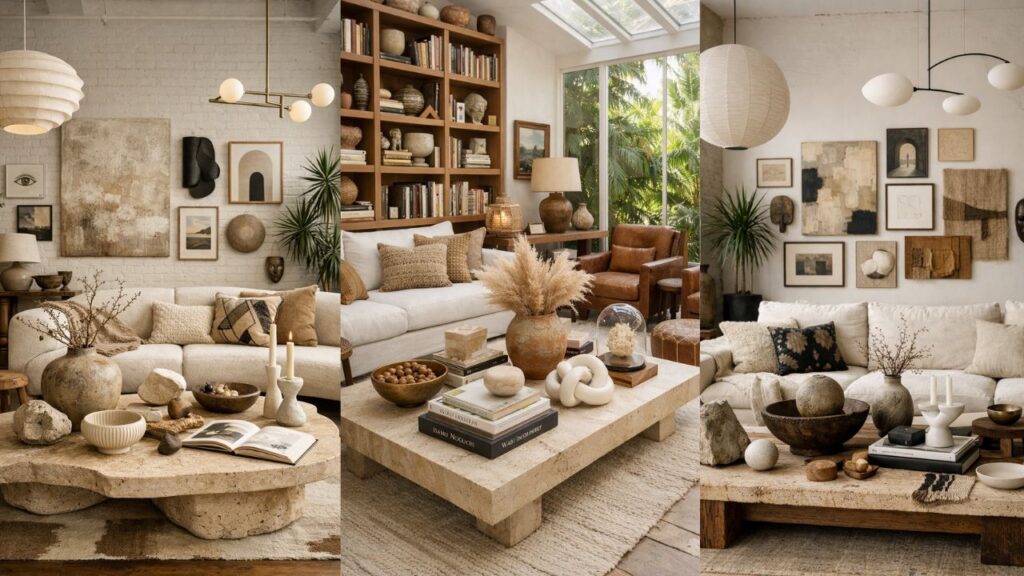 Earth tone coffee table decor in a collected maximalist living room with layered ceramics, wood textures, and neutral styling.