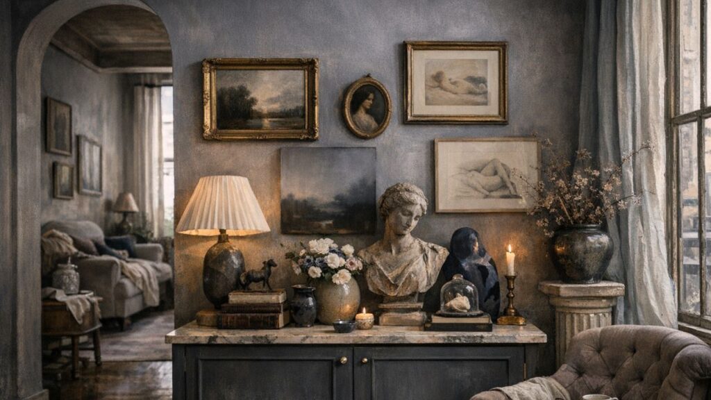 Romantic dark academia console table with gallery wall, bust sculpture, lamp, candles, and layered vintage decor in a calm collected interior