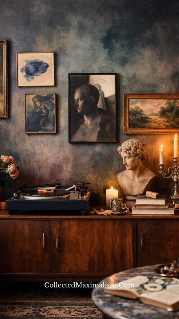 Collected console table with bust sculpture, candles, books, and vintage objects in a moody maximalist interior
