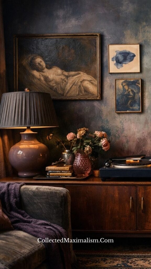 Dark wood console table with lamp, books, and vintage decor styled in a romantic dark academia living room