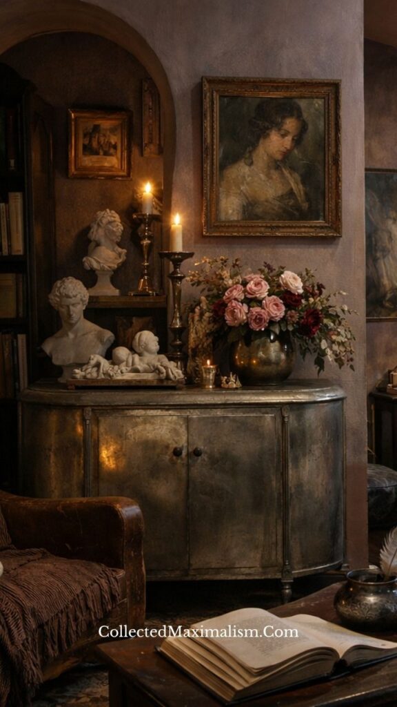 Vintage sideboard styled as console table with florals, candles, and classical sculptures in a warm maximalist space