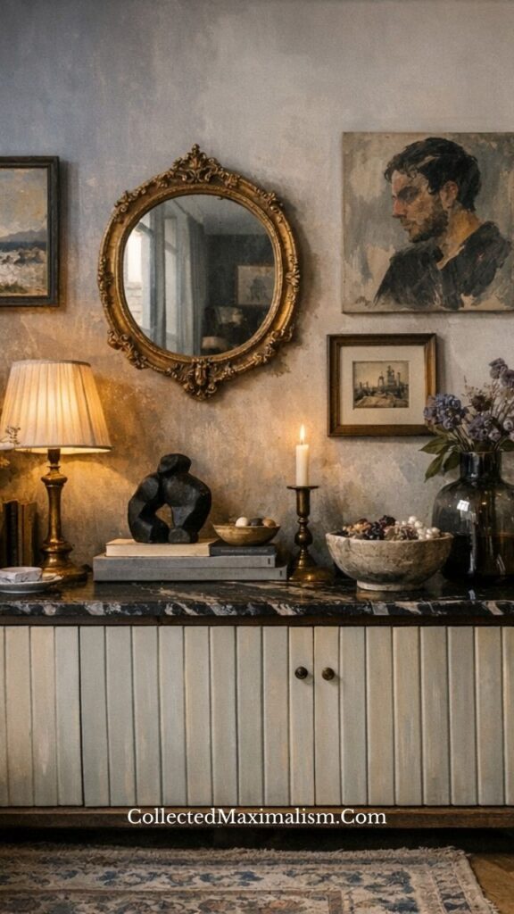 Console table styling with antique mirror, lamp, candles, and soft neutral decor in a romantic dark academia space