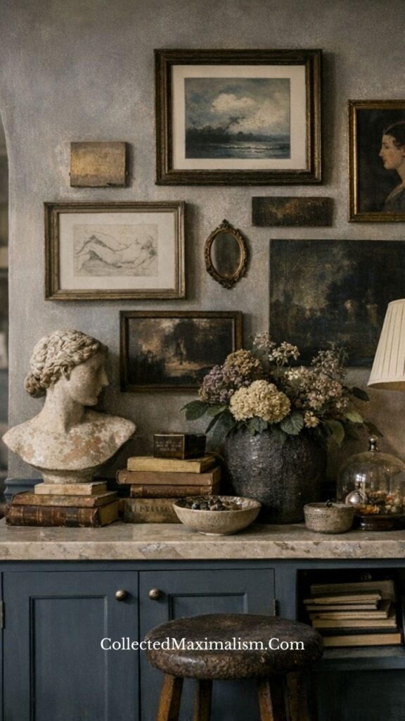 Dark academia console table with gallery wall, bust sculpture, books, and layered vintage decor in a calm maximalist interior