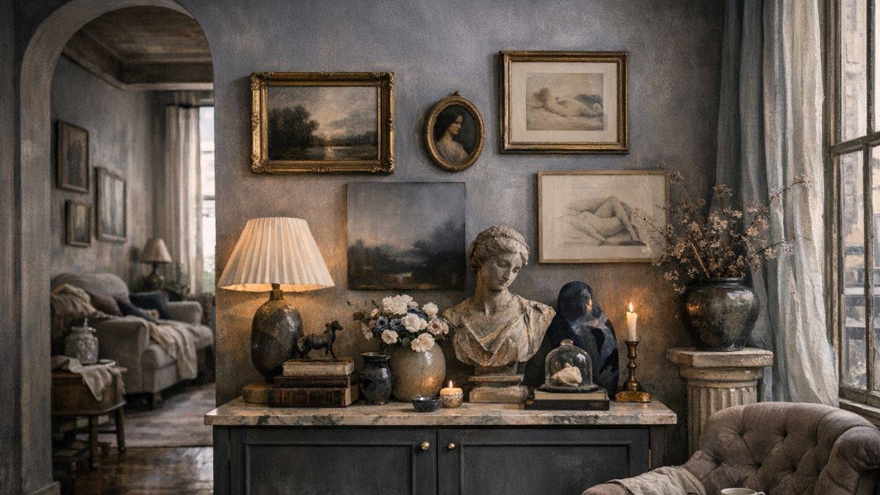 Romantic dark academia console table with gallery wall, bust sculpture, lamp, candles, and layered vintage decor in a calm collected interior