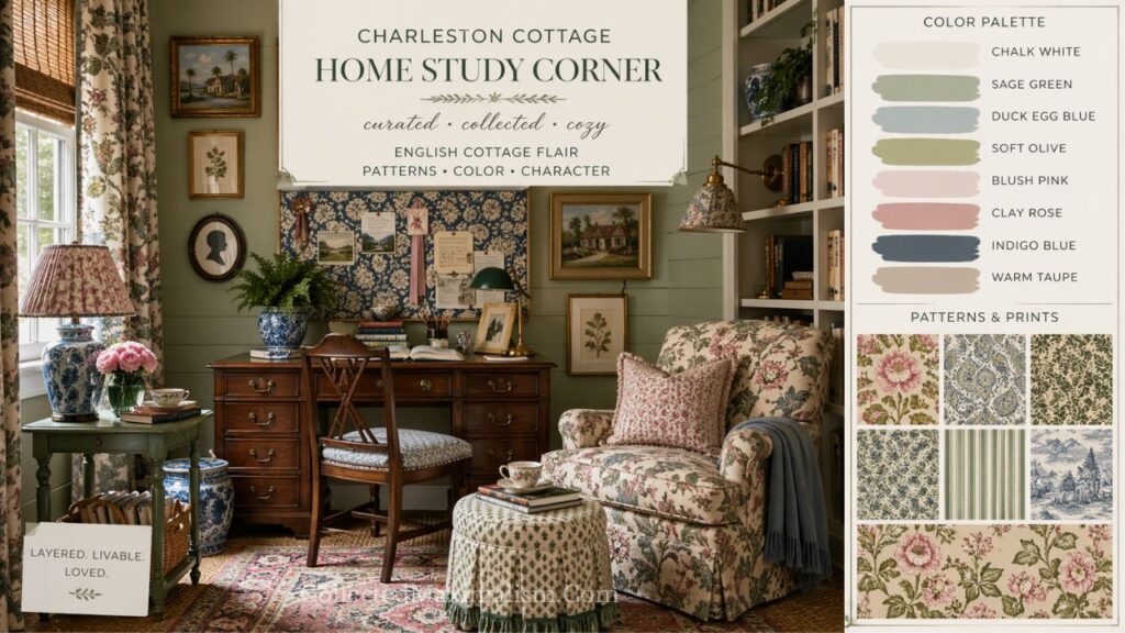 Charleston cottage home office mood board with English cottage style, layered patterns, green palette, floral prints, and cozy vintage workspace styling