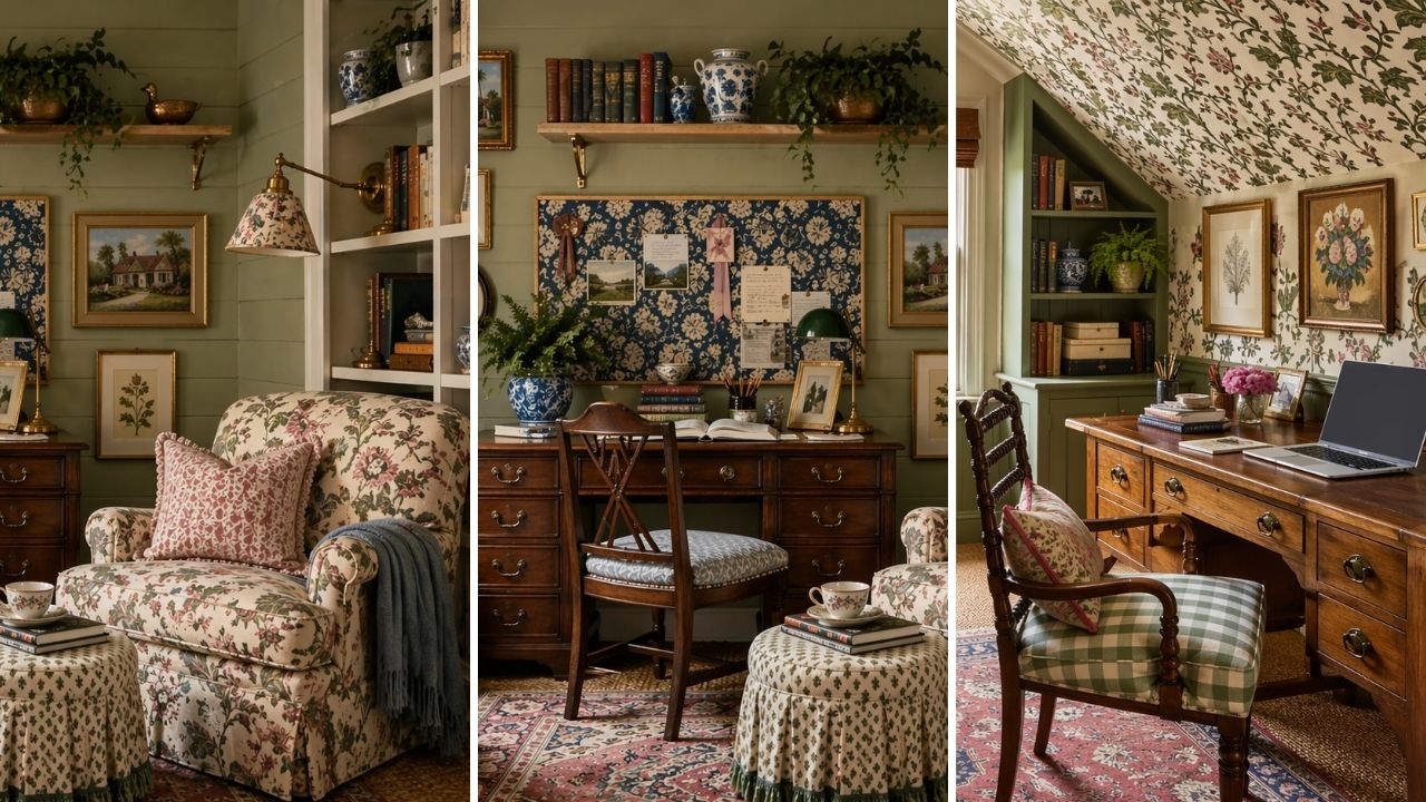 English cottage style home office design with layered patterns, vintage desk, floral upholstery, green walls, and collected decor in a cozy workspace