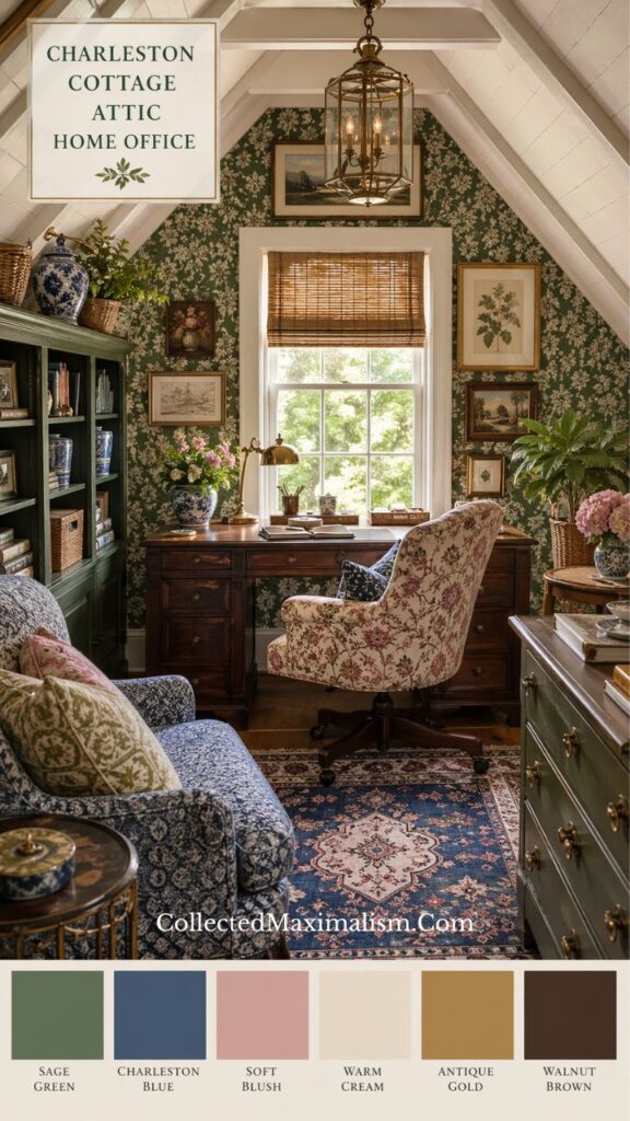English cottage style attic home office with vertical shelving, layered wall art, floral wallpaper, and horizontal desk styling in a cozy, collected workspace