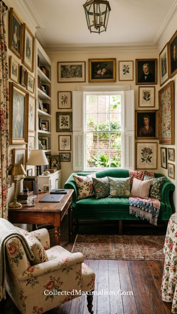 English cottage style home office with gallery wall, green sofa, natural window light creating visual rest points in a layered, cozy interior