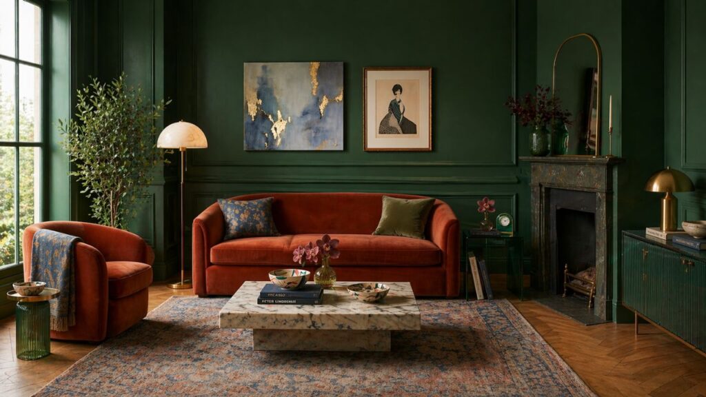 Layered living room with rust sofa, green paneled walls, and brass floor lamp, showing how floor lamps for living room spaces act as vertical anchors