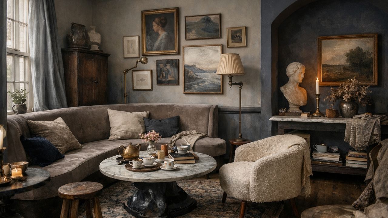 Romantic dark academia living room with gallery wall, marble coffee table, layered decor, and vintage maximalist styling