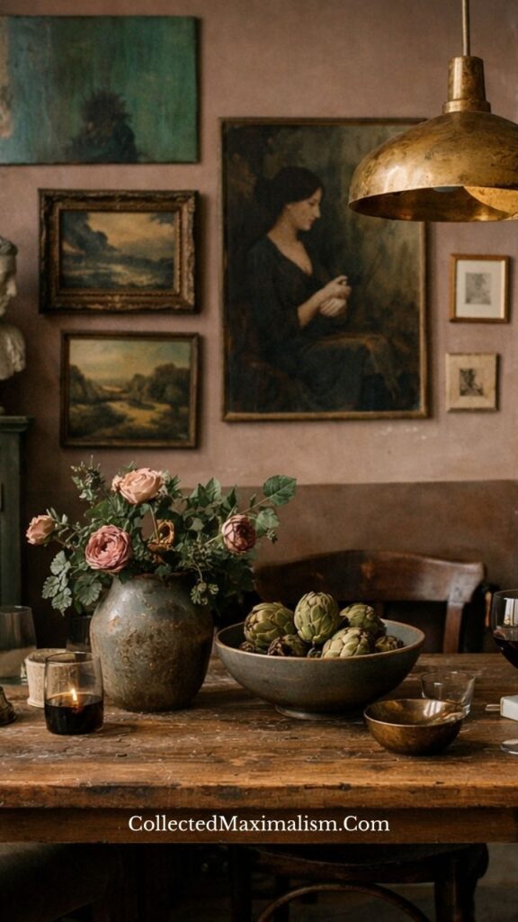 Romantic dining space with gallery wall, soft florals, and vintage decor in a warm maximalist interior