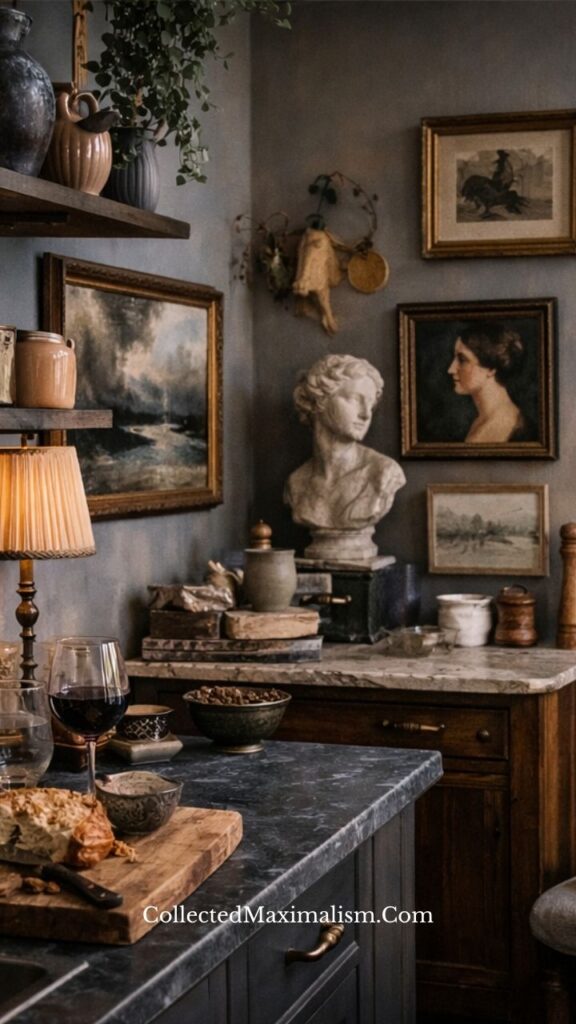 Collected gallery wall with vintage paintings and layered decor in a cozy kitchen corner with warm textures