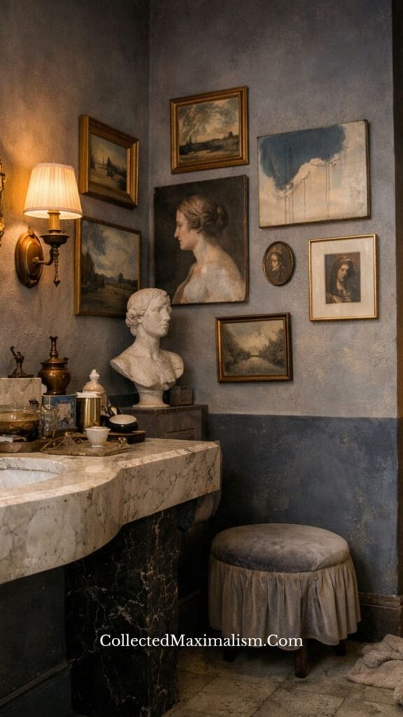 Dark academia gallery wall with marble console, bust sculpture, and layered vintage decor in a moody interior