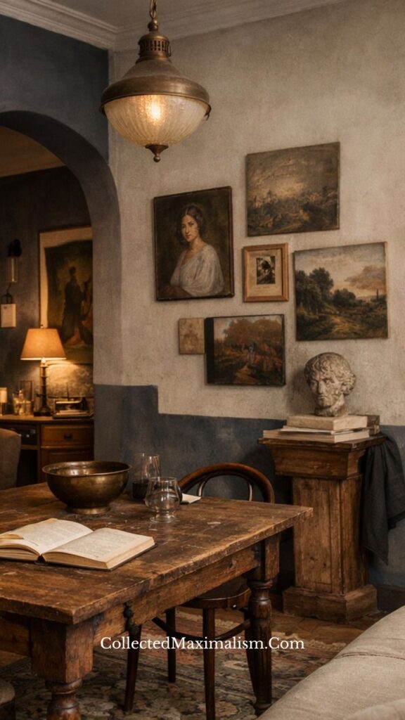 Vintage gallery wall with portraits and landscapes above rustic dining table in a warm dark academia interior