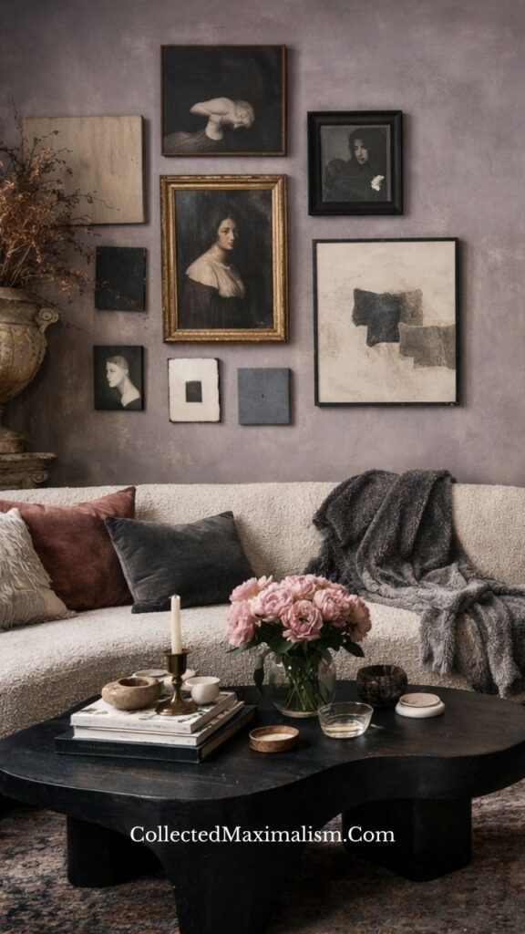 Romantic dark academia gallery wall above sofa with vintage portraits, soft textiles, and layered coffee table styling