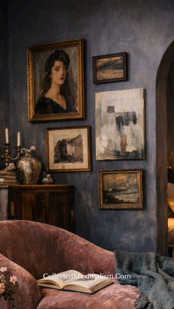 Dark academia gallery wall with mixed artwork above a velvet chair in a moody, layered interior setting