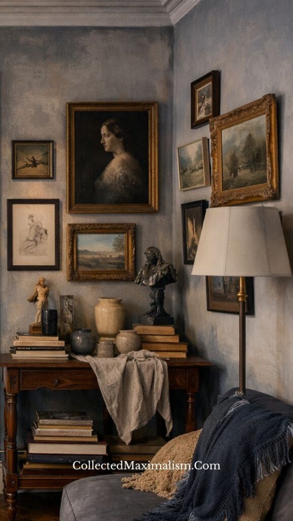 Vintage console table styled beneath a gallery wall with books, ceramics, and soft textiles in a cozy interior