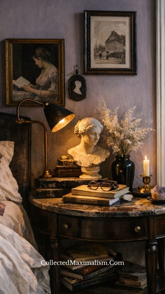 dark academia bedside table with vintage lamp, candlelight, marble surface, books, and classical bust decor
