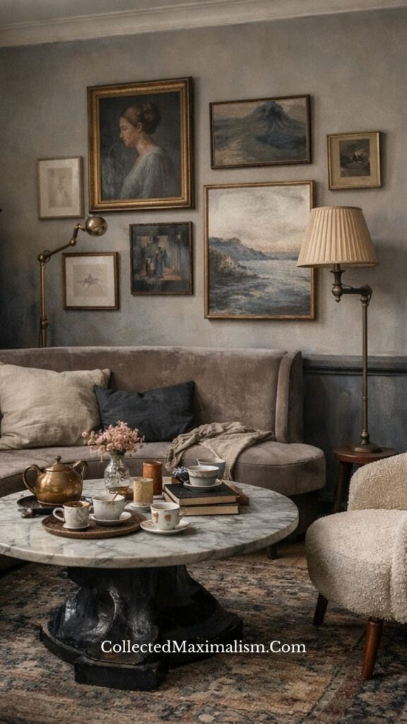 romantic dark academia living room with marble coffee table, vintage tea set, soft lamp lighting and layered gallery wall decor