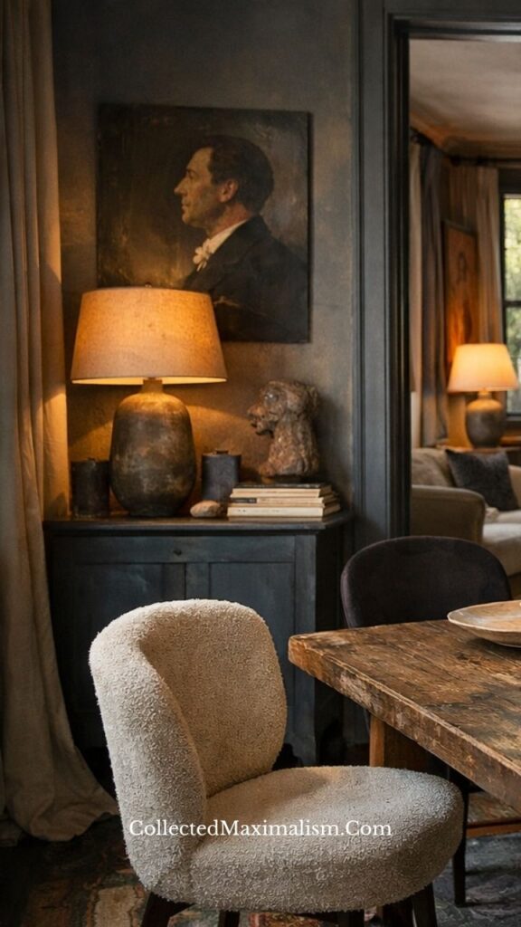vintage console table with ceramic lamp and soft warm lighting in dark academia interior