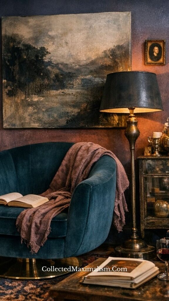 cozy dark academia reading corner with velvet chair and warm floor lamp lighting
