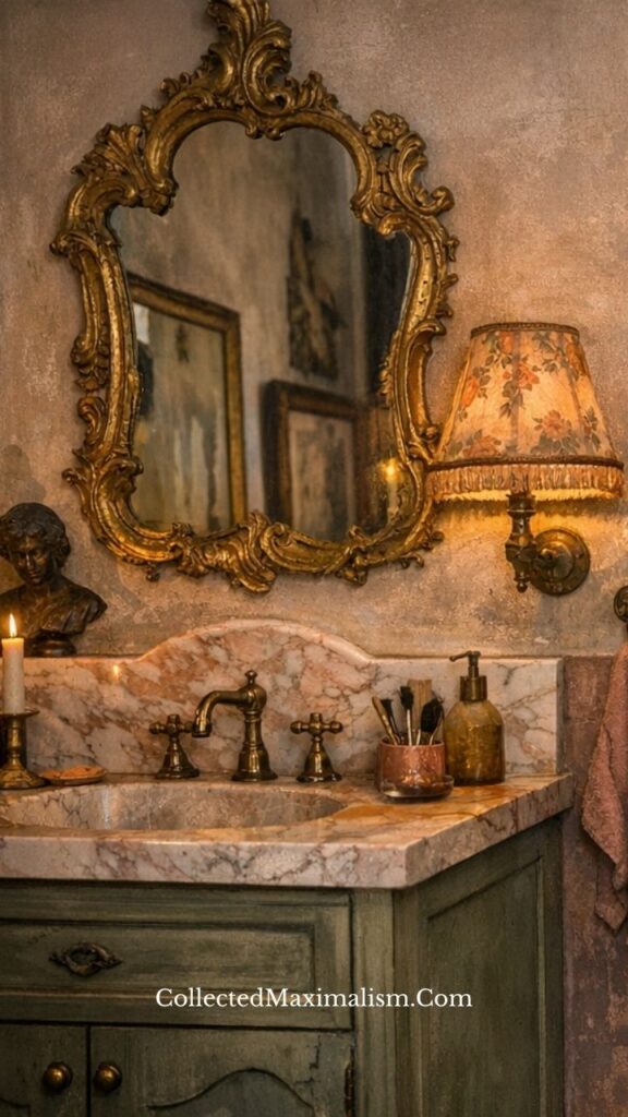 vintage bathroom with ornate mirror and warm wall sconce lighting creating soft glow