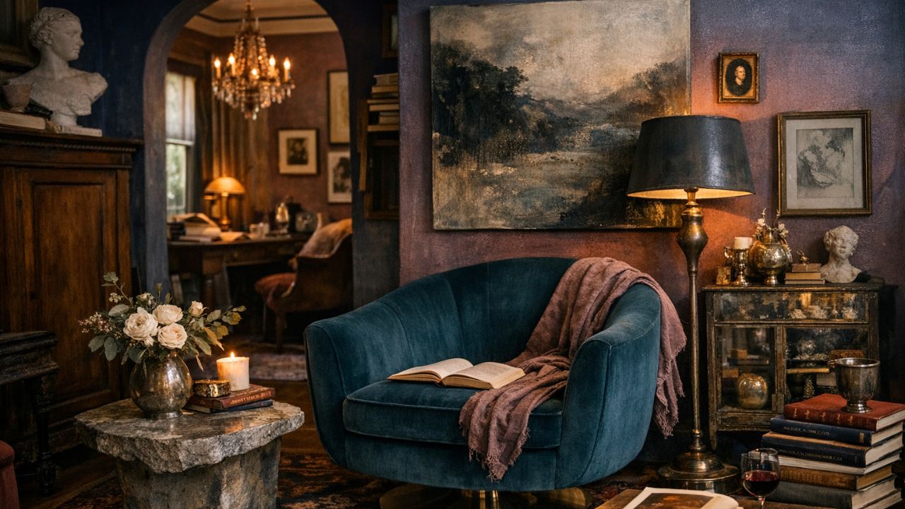 dark academia living room with layered light fixtures, warm lamp lighting, chandelier glow and cozy reading corner