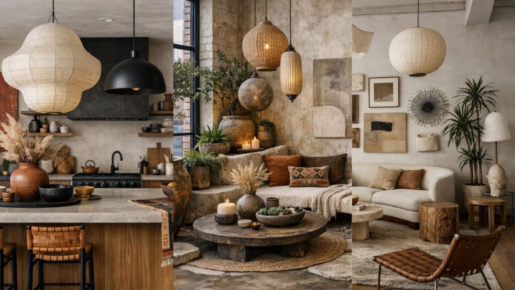 Earth-tone maximalist interiors featuring layered light fixtures, including sculptural pendant lighting, woven lamps, and curated decor with warm textures, ceramics, and natural materials in a collected, styled space