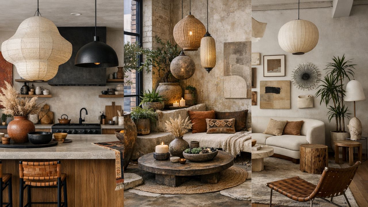 Earth-tone maximalist interiors featuring layered light fixtures, including sculptural pendant lighting, woven lamps, and curated decor with warm textures, ceramics, and natural materials in a collected, styled space