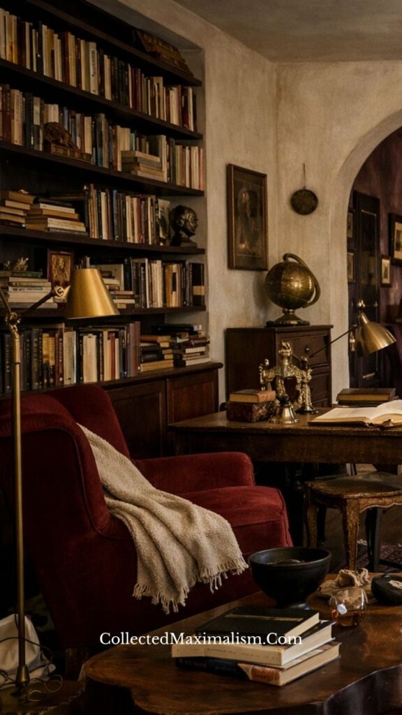 dark academia study with wooden furniture, bookshelves, brass accents and repeated material tones