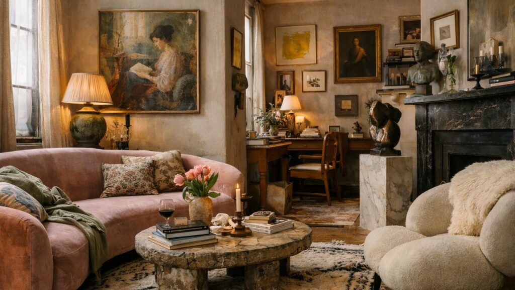 dark academia aesthetic living room with layered materials, vintage decor, soft lighting, stone coffee table and romantic interior styling