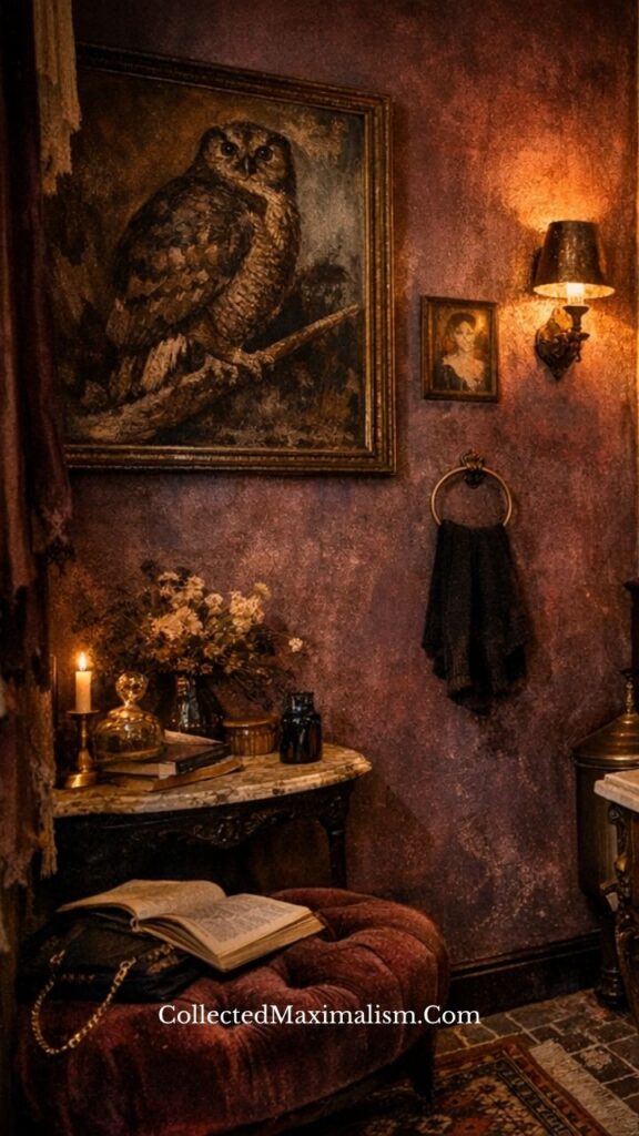 dark academia wall with vintage owl artwork, textured finish, candlelight and aged decor details