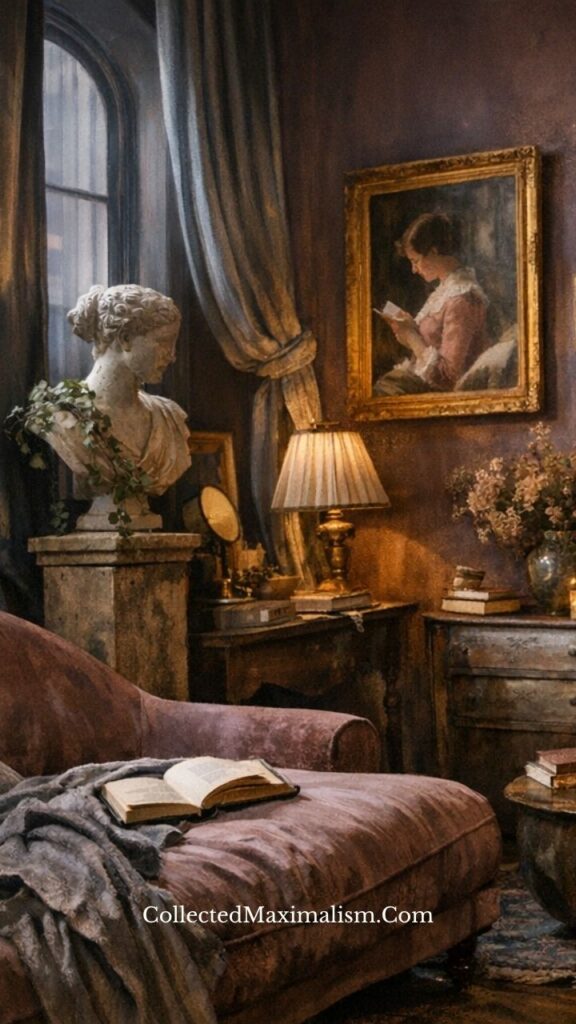 romantic dark academia interior with chaise lounge, layered textiles, stone sculpture and warm lighting
