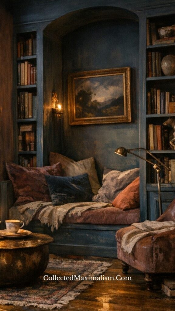 dark academia aesthetic reading nook with built-in shelves, deep blue walls, wood textures and layered cushions